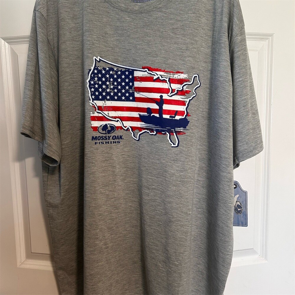 Mossy Oak Fishing T-Shirt Mens 3XL Gray Heather USA Flag Map Graphic